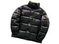 Moncler Black Glossy Stand-Collar Box-Quilted Down Jacket with Oversized Gold Logo Patch