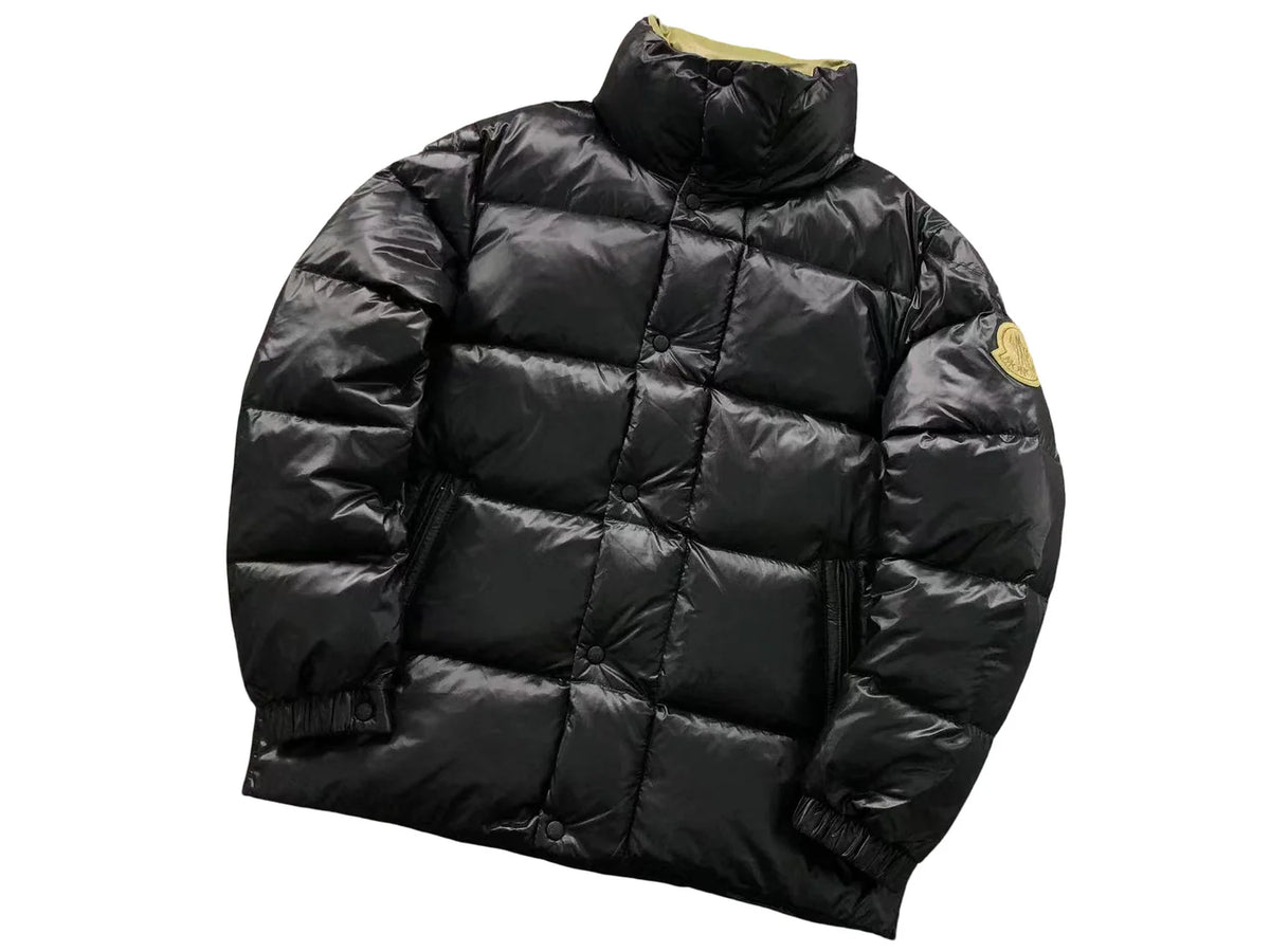 Moncler Black Glossy Stand-Collar Box-Quilted Down Jacket with Oversized Gold Logo Patch