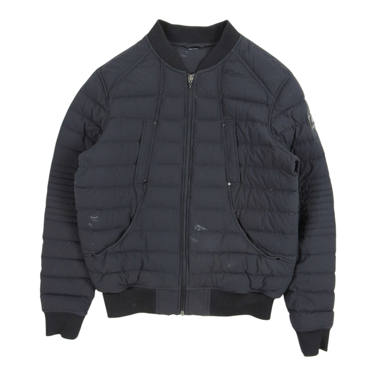Moncler Navy Quilted Down Bomber Jacket with Ribbed Sleeves and Patch Pockets