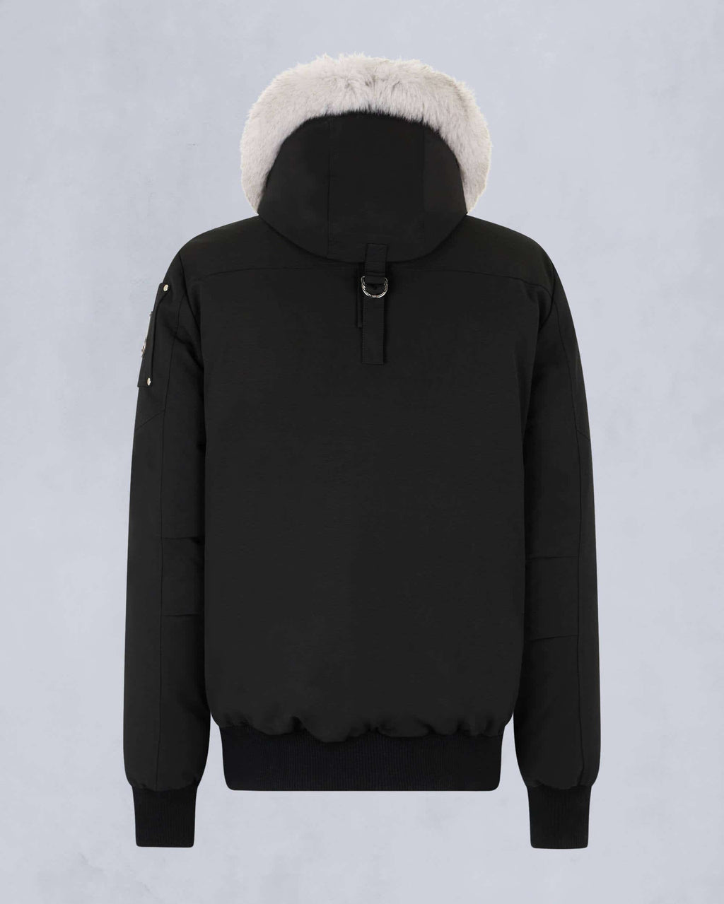 Moose Knuckles Black Down Bomber Jacket with White Fur Hood and Silver Hardware