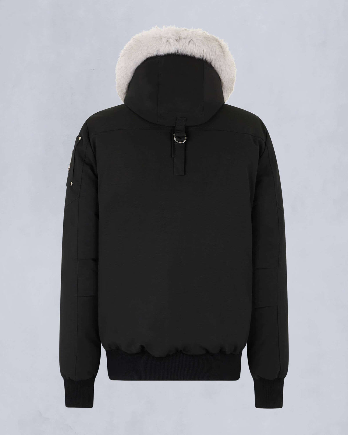 Moose Knuckles Black Down Bomber Jacket with White Fur Hood and Silver Hardware