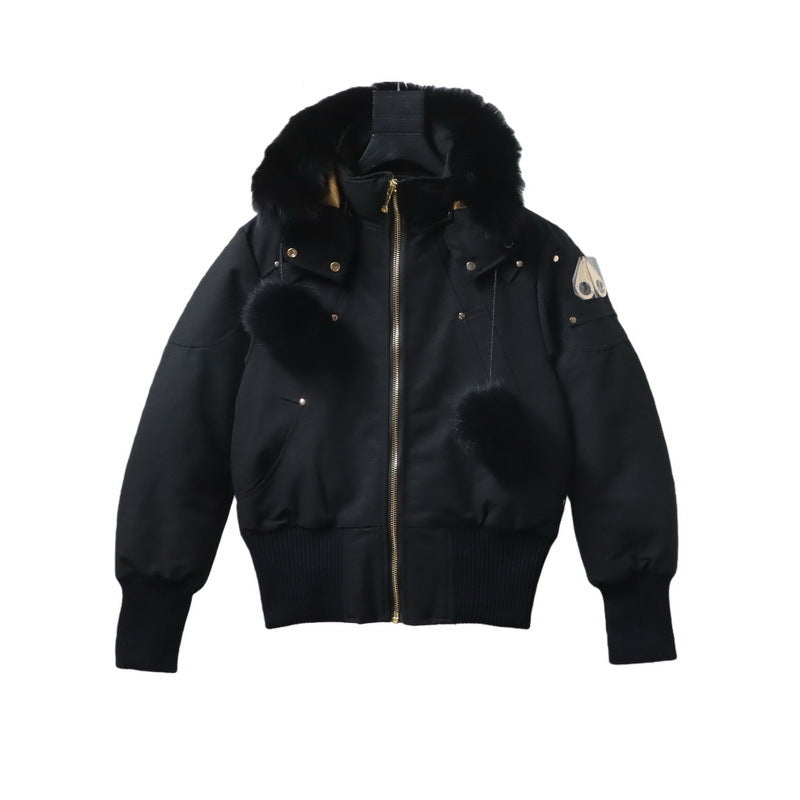 Moose Knuckles Black Wool-Blend Bomber Jacket with Fur Hood and Pom-Pom Pockets