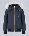 Moose Knuckles Steel Blue Down Bomber Jacket with White Fur Hood and Black Ribbed Trim