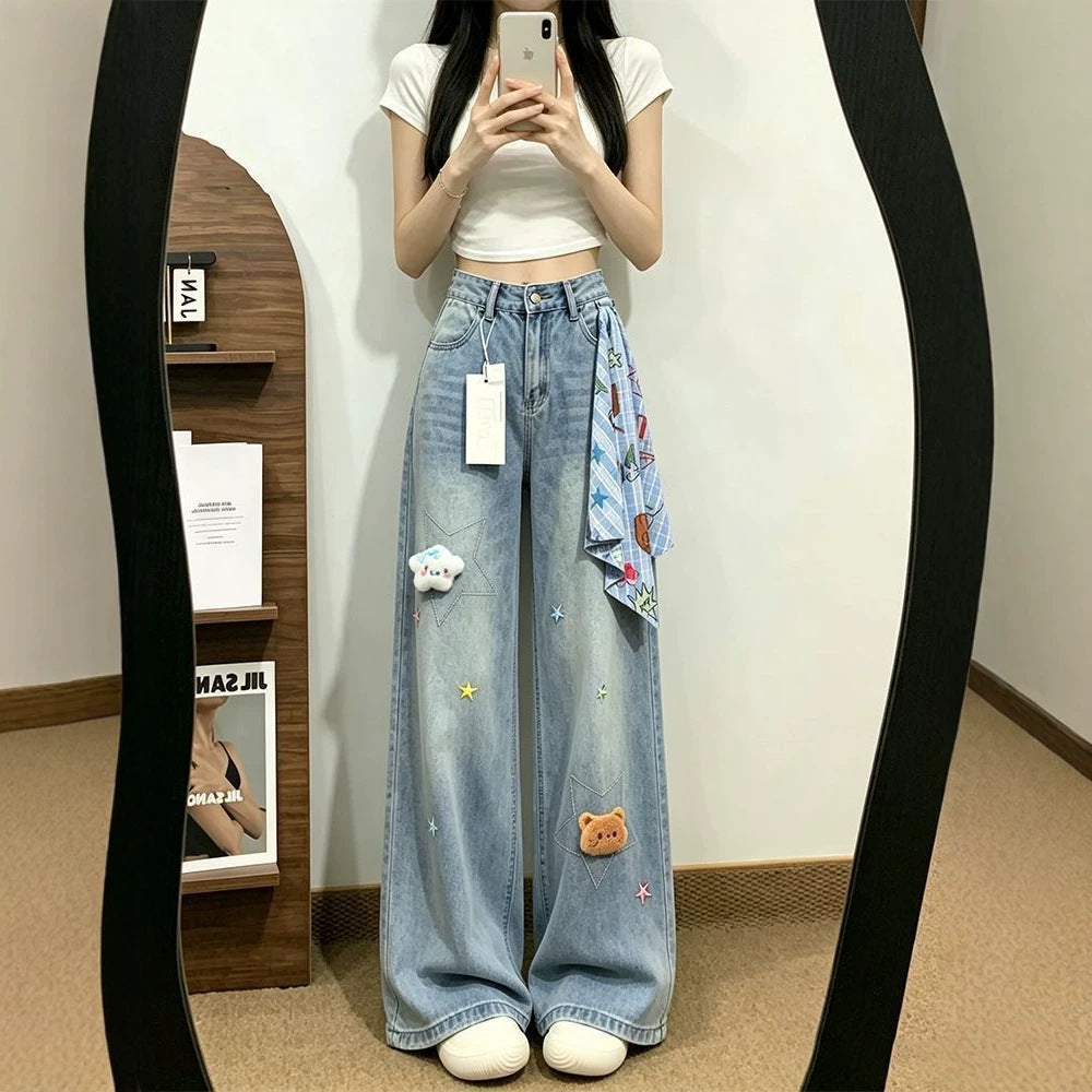 Bear Star Embroidery Scarf Decor Wide Leg High Waist Denim Jeans
