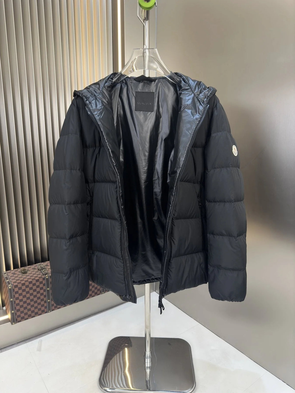 Moncler Black Collarless Baffle-Quilted Down Jacket with Detachable Hood