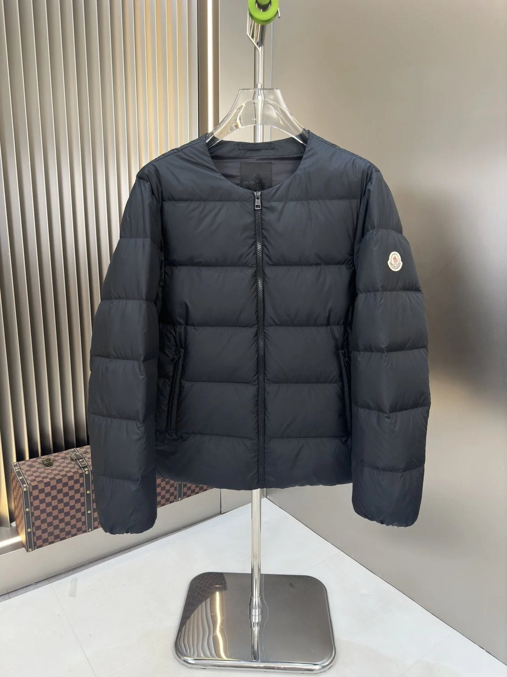 Moncler Black Collarless Baffle-Quilted Down Jacket with Detachable Hood
