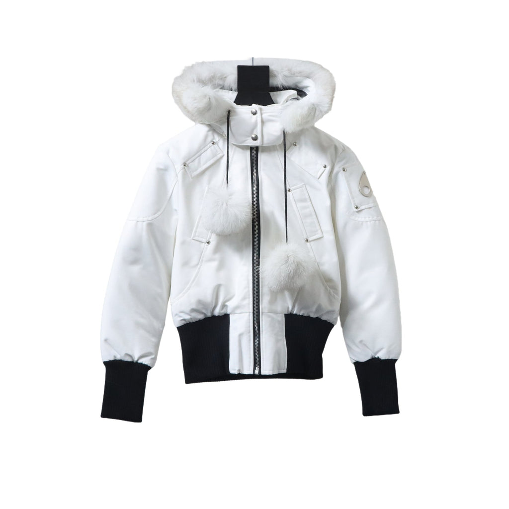 Moose Knuckles White Down Bomber Jacket with Fur Hood and Black Ribbed Trim