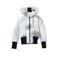 Moose Knuckles White Down Bomber Jacket with Fur Hood and Black Ribbed Trim