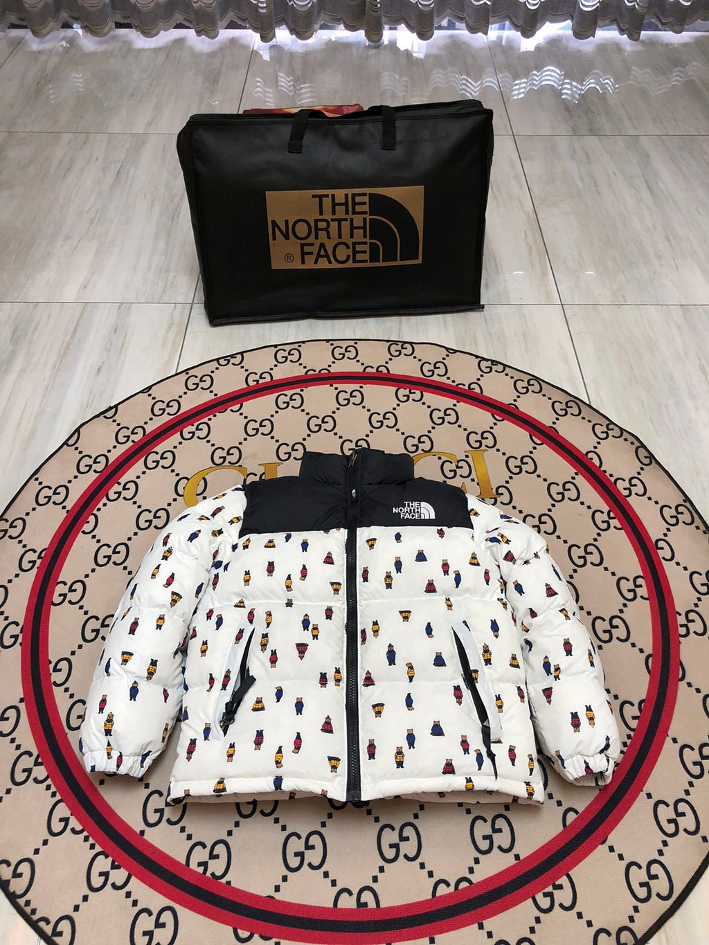 The North Face White Bear Print Nuptse Down Jacket