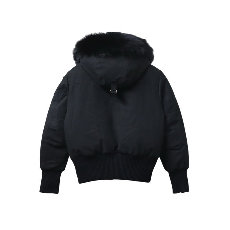Moose Knuckles Black Wool-Blend Bomber Jacket with Fur Hood and Pom-Pom Pockets